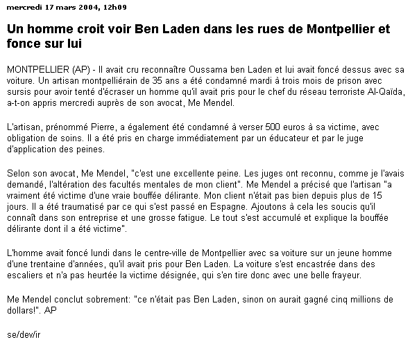 Un homme croit voir Ben Laden dans les rues de Montpellier et fonce sur lui